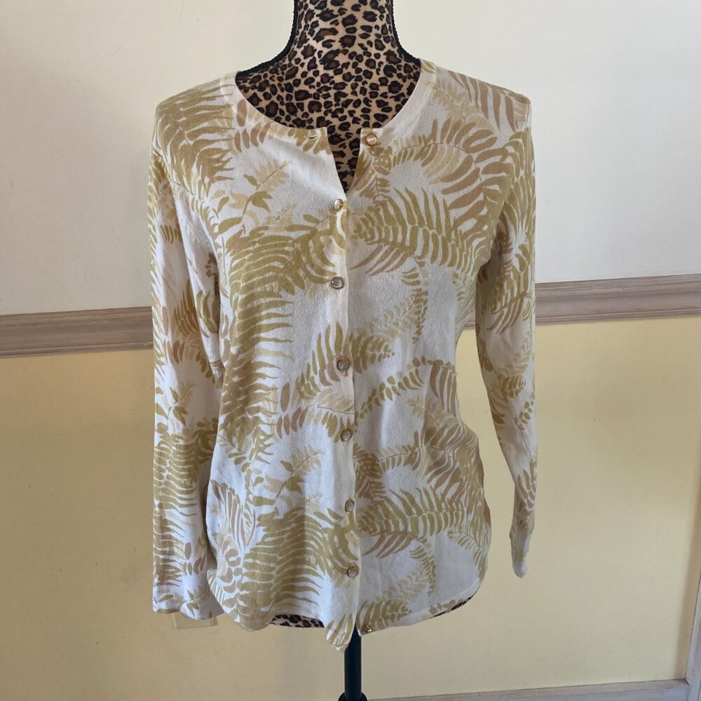 J. McLaughlin Women's White Gold Leaf Pattern Cardigan Size M L8‎